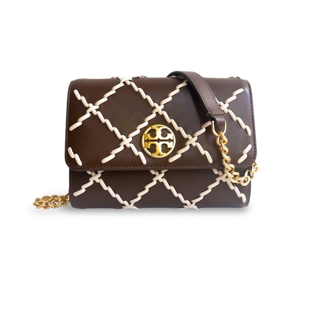 Tory Burch Willa Embroidered Mini Crossbody in Toasted Coffee